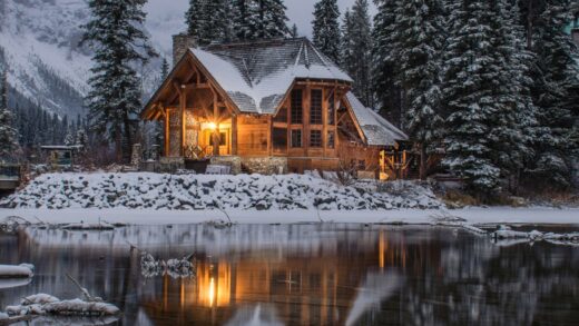 Twilight cabin reflection winter lake