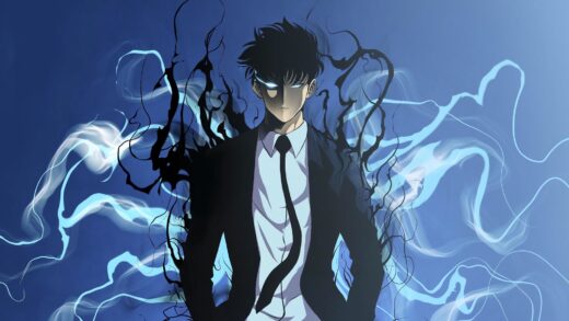 Close up elegant anime man in suit with blue smoke wallpaper
