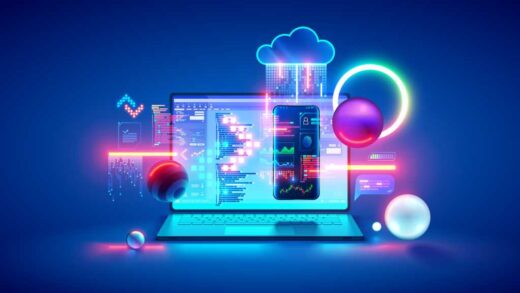 Technology of Software development, web design, programming concept. Program code on screen laptop, phone, code of program, data, interface elements on screen laptop. Software development Tech Banner