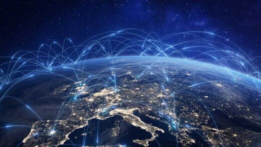 Communication technology with global internet network connected in Europe. Telecommunication and data transfer european connection links. IoT, finance, business, blockchain, security.