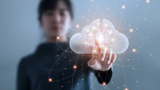 Business woman touching connect to data information on cloud computing network. Cloud computing concept.