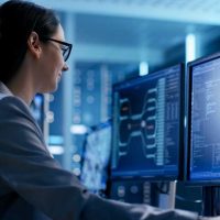 Close-up Shot of Female IT Engineer Working in Monitoring Room. She Works with Multiple Displays.