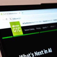 New York, USA - January 31, 2025: NVIDIA GTC website homepage on laptop screen showcasing AI conference details and technology innovations