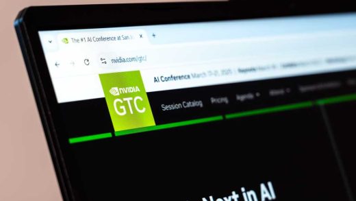 New York, USA - January 31, 2025: NVIDIA GTC website homepage on laptop screen showcasing AI conference details and technology innovations