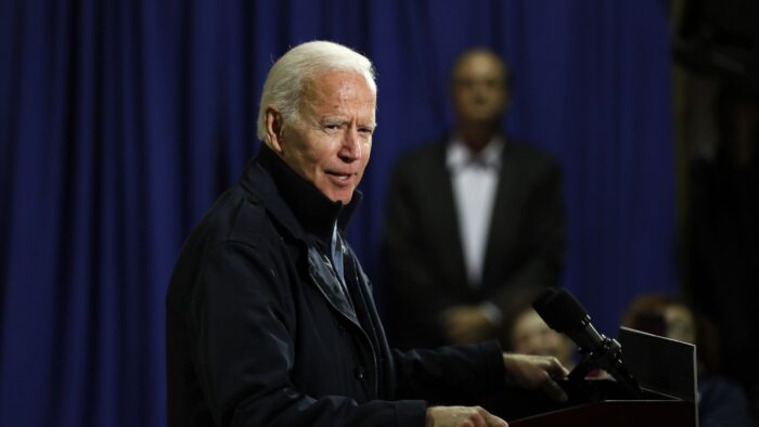 Joe biden campaign speech blue background