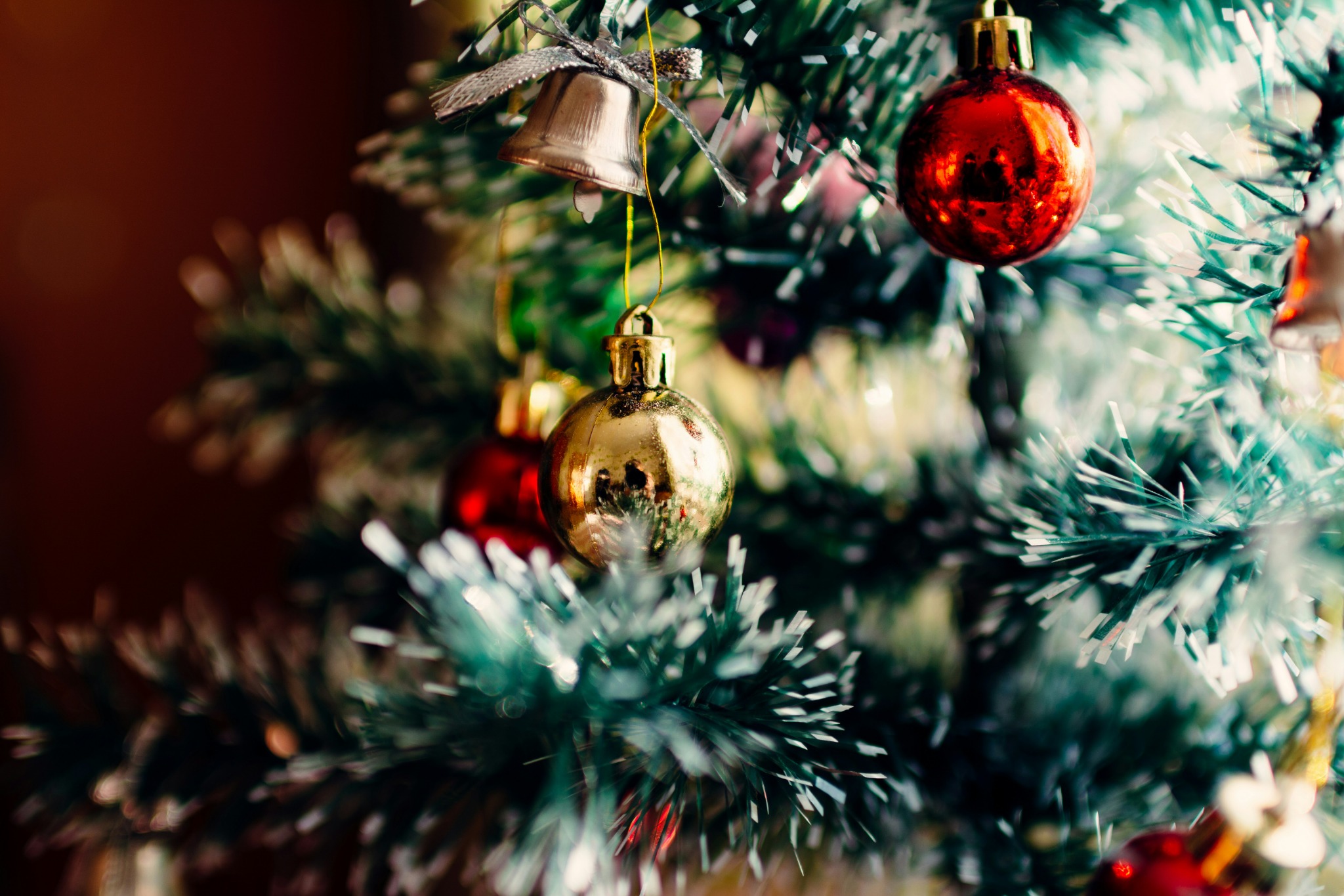 Close up of christmas tree ornaments