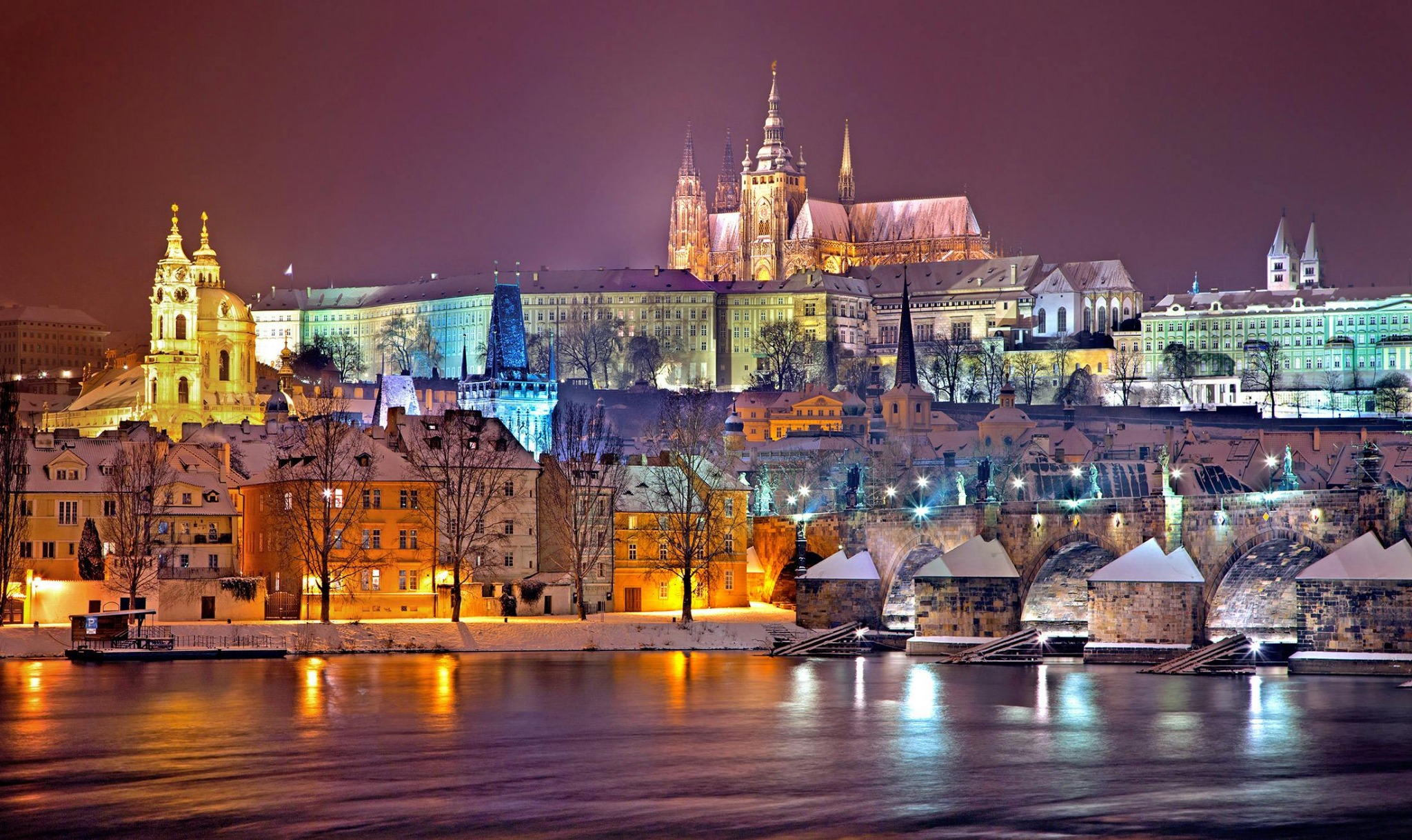 Illuminated castle winter night