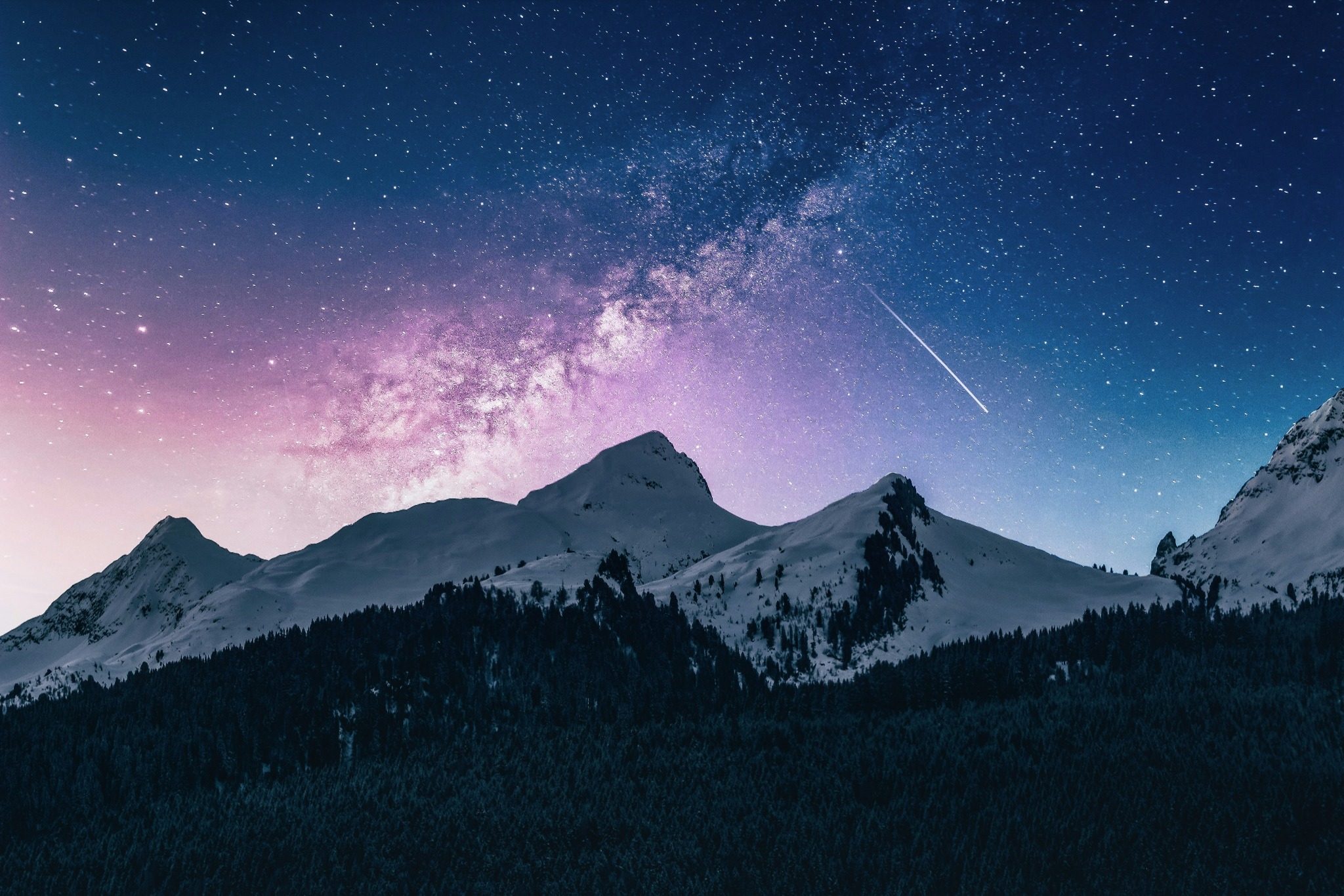 Starry sky snow mountains