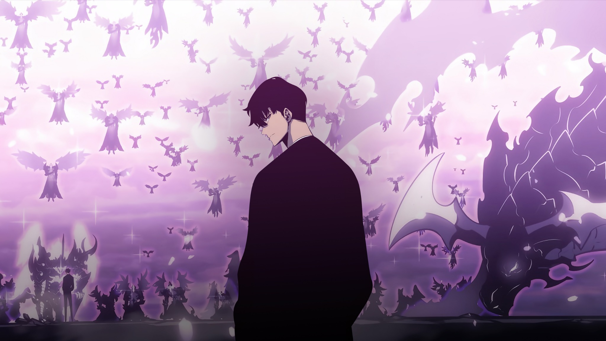 Anime character shadowy figures and wings wallpaper