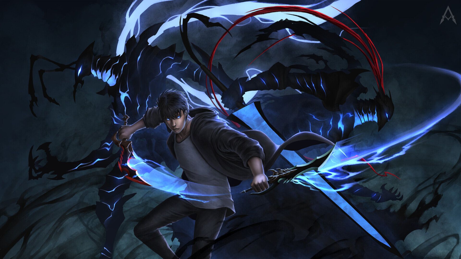 Anime hero with blue sword engaged in shadow battle wallpaper