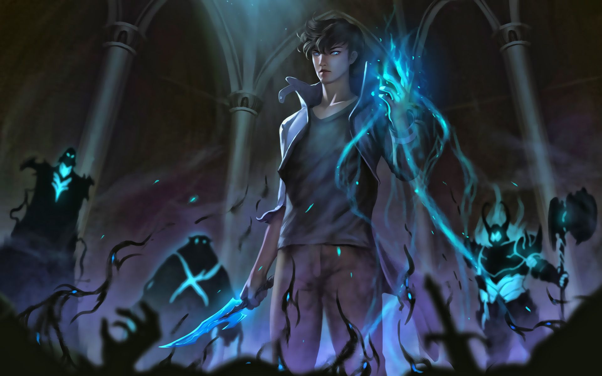 Blue glow necromancer power solo leveling wallpaper