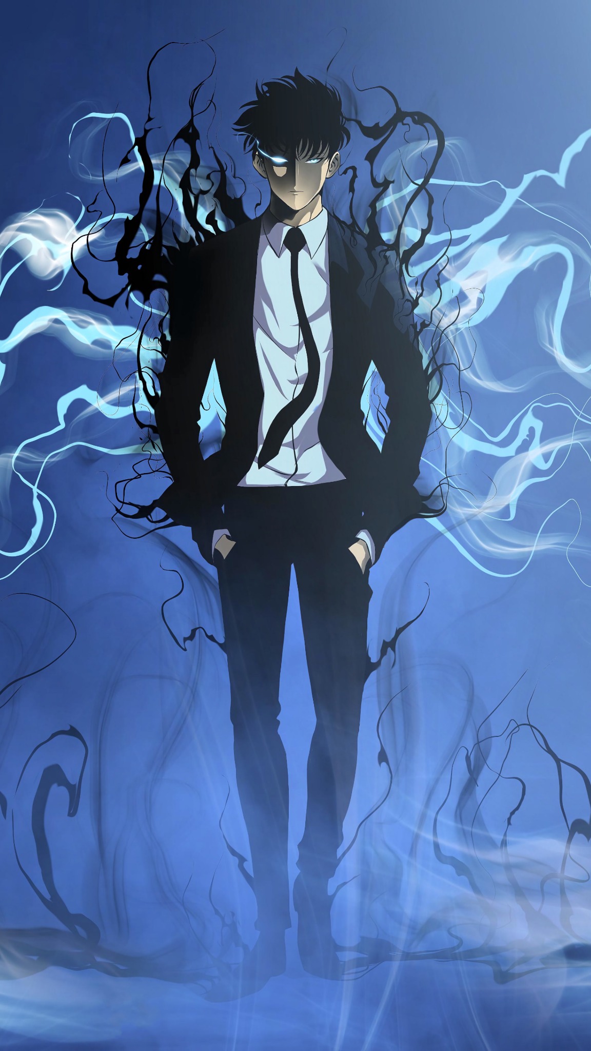 Elegant anime man in suit with blue smoke wallpaper