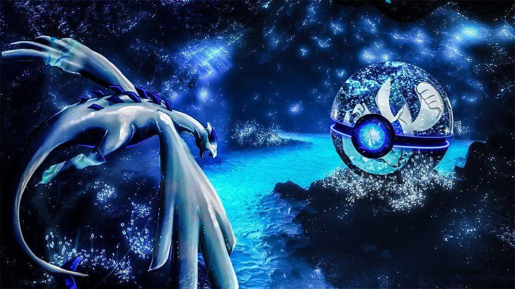 Lugia and blue pokeball water cave wallpaper
