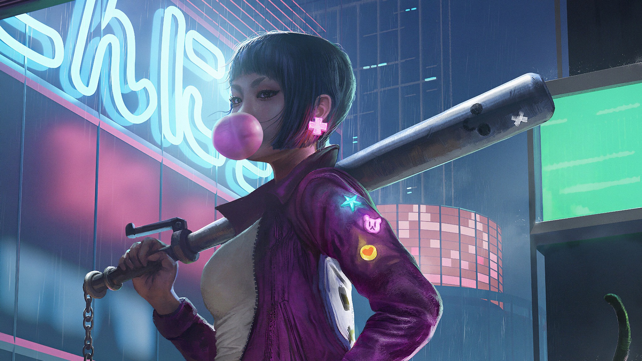 Brawl stars cyberpunk warrior with bubble gum and bat