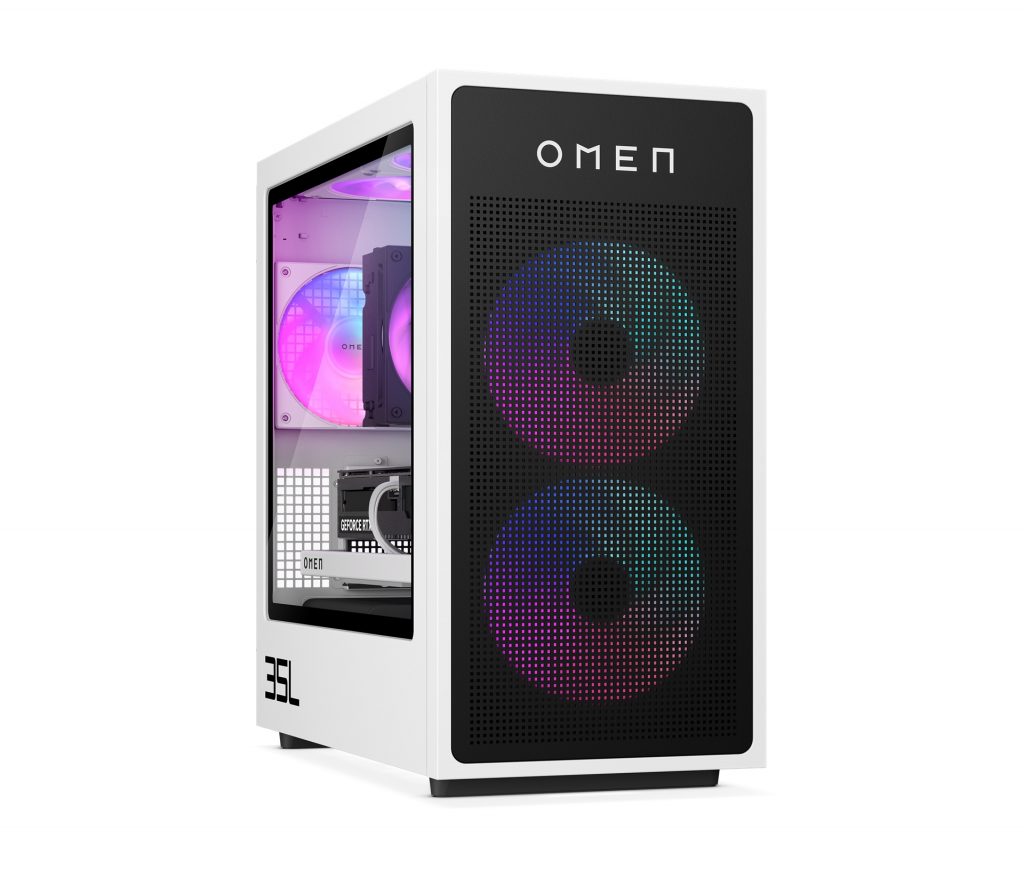 OMEN 35L desktop tower, lit up and angled to the side